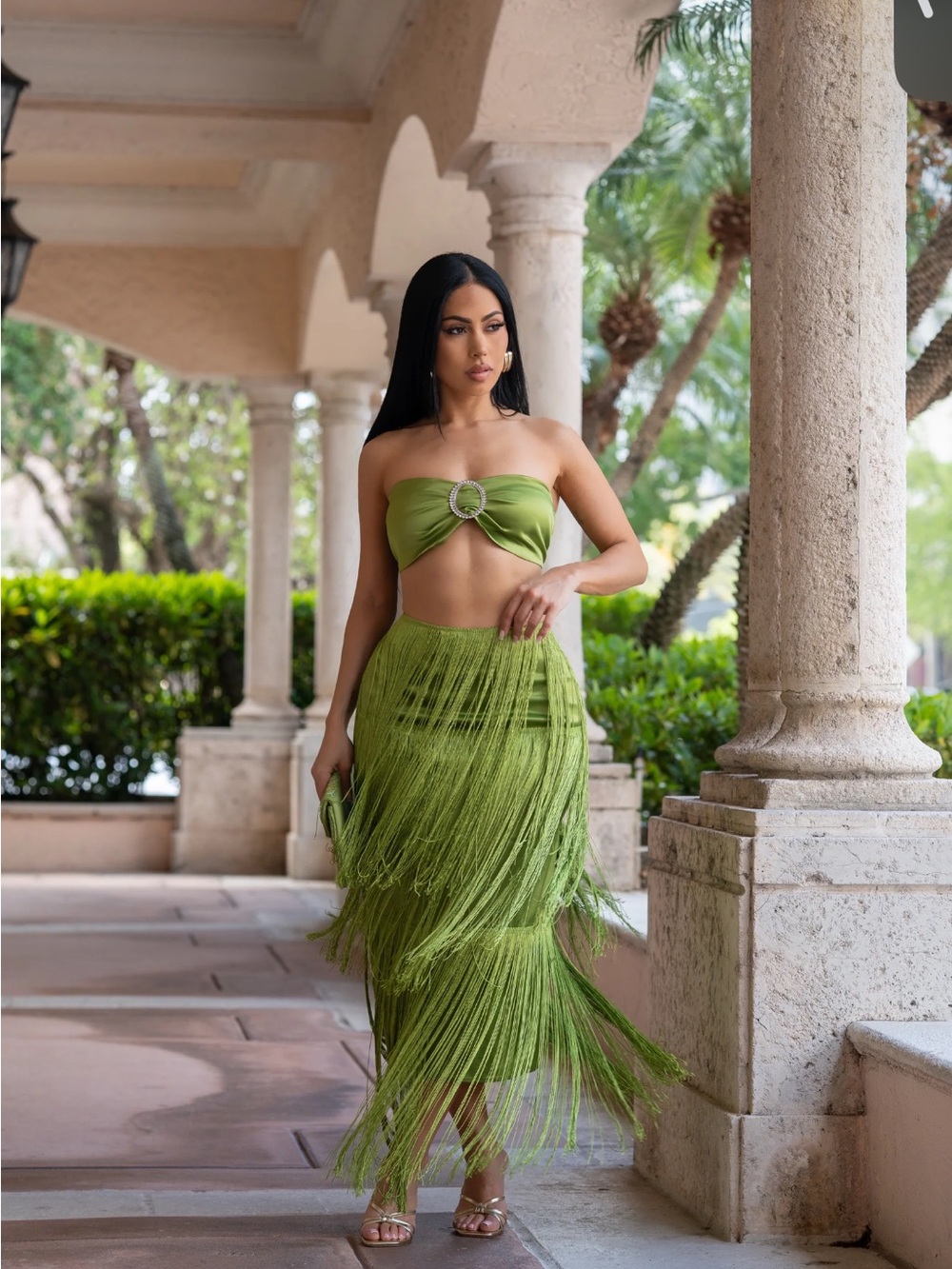 Green Fringe 2 pieces Midi Skirt set - Women